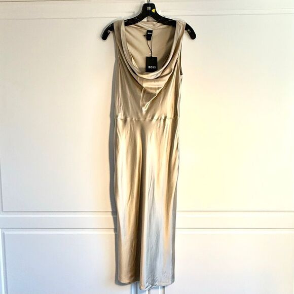 NWT BOSS “Dawida” satin cowl neck midi dress in champagne gold Size 8 - Picture 7 of 16